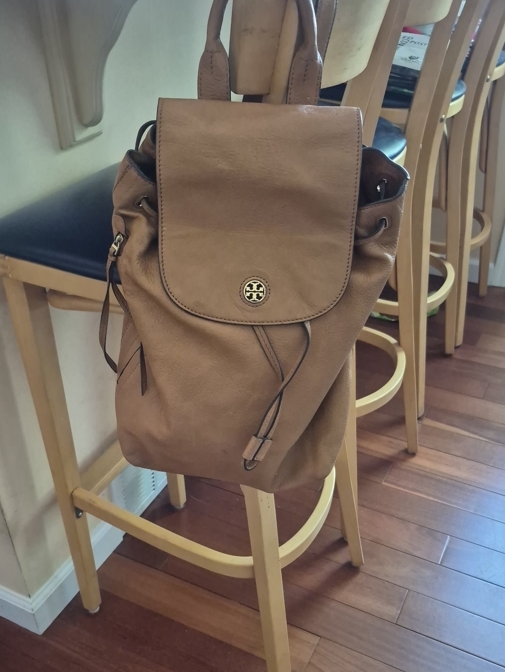 Tory Burch Cognac Leather Drawstring Flap Backpack